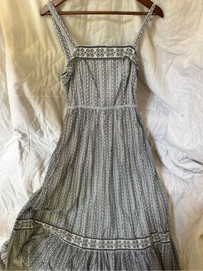 Max Studio Black & White Striped Maxi Dress with Floral Trim